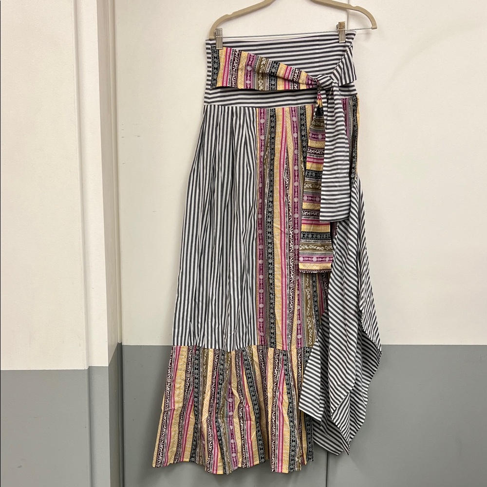 Striped Multi-Pattern Maxi Skirt with Waist Tie Stripes Patchwork Festival Boho